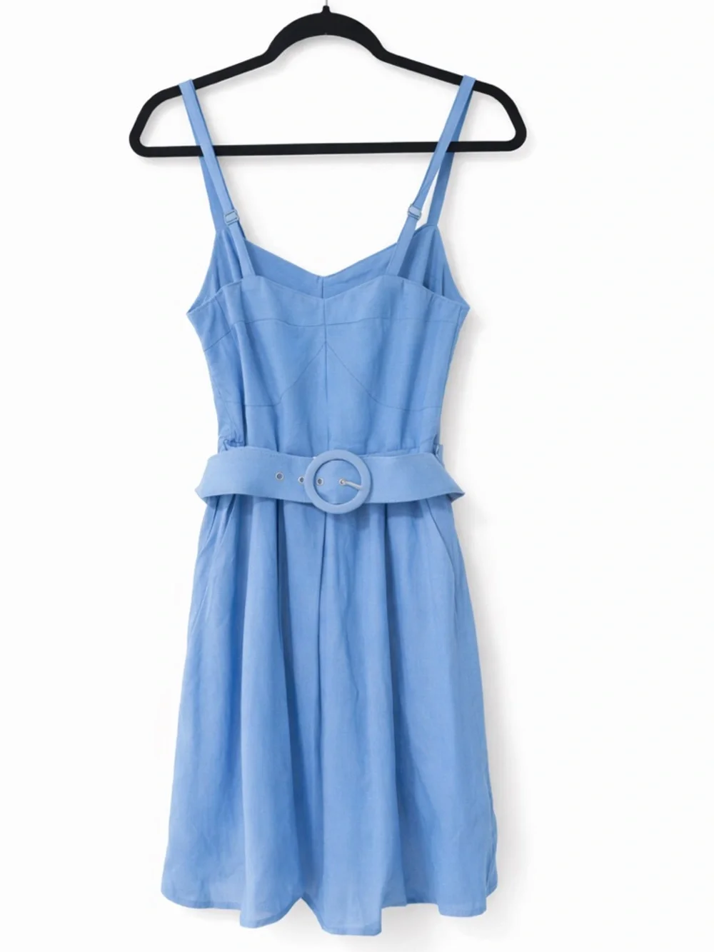 City Studio Sky Blue Fit & Flare Mini Dress Belted Pockets Summer Brunch Vacatio